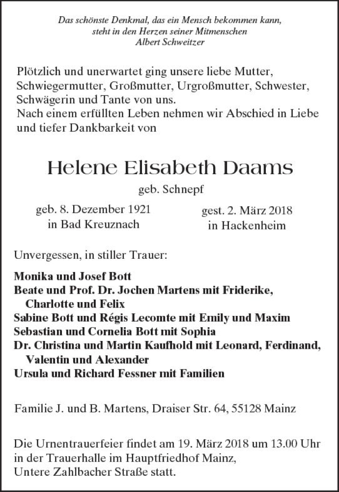 Traueranzeige für Helene Elisabeth Dadins vom 09.03.2018 aus Trauerportal Rhein Main Presse