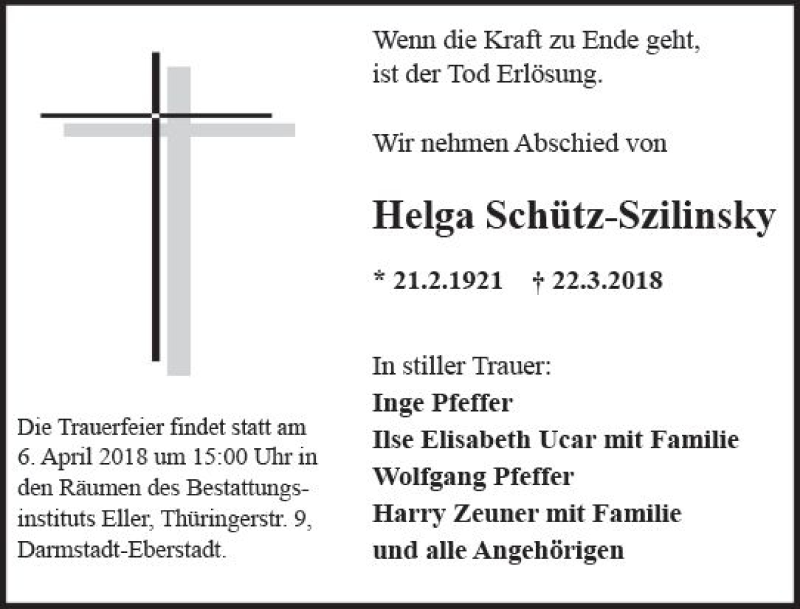  Traueranzeige für Helga Schütz-Szilinsky vom 31.03.2018 aus Trauerportal Rhein Main Presse