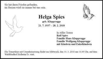 Traueranzeige von Helga Spies von Trauerportal Rhein Main Presse
