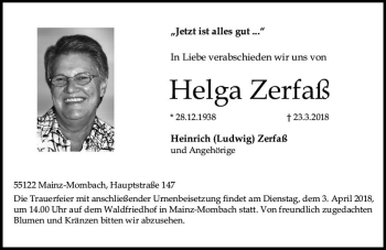 Traueranzeige von Helga Zerfaß von Trauerportal Rhein Main Presse