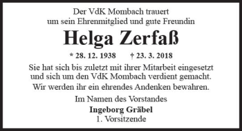Traueranzeige von Helga Zerfaß von Trauerportal Rhein Main Presse