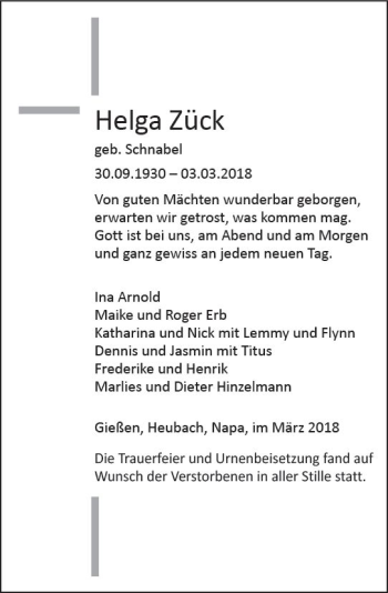 Traueranzeige von Helga Zück von  Gießener Anzeiger