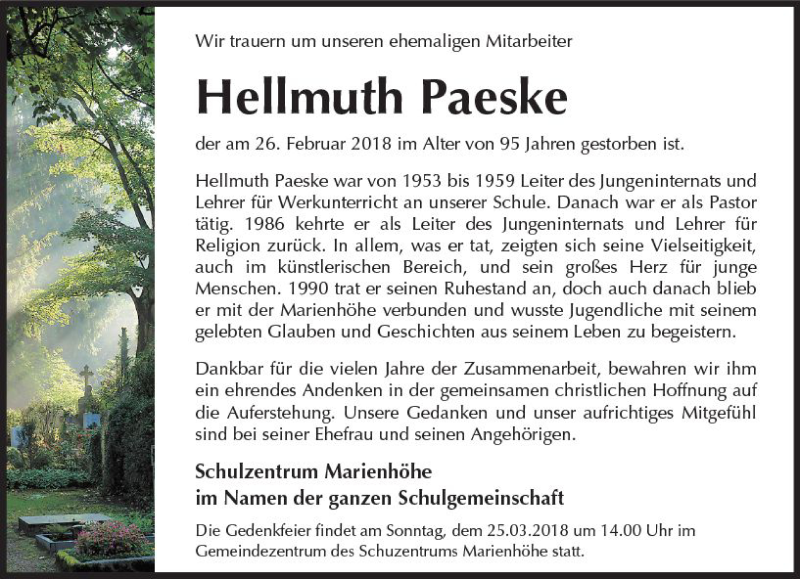  Traueranzeige für Hellmuth Paeske vom 14.03.2018 aus Trauerportal Rhein Main Presse