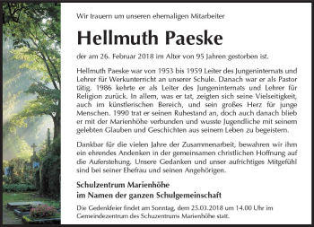 Traueranzeige von Hellmuth Paeske von Trauerportal Rhein Main Presse
