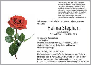 Traueranzeige von Helma Stephan von  Camberger Anzeiger