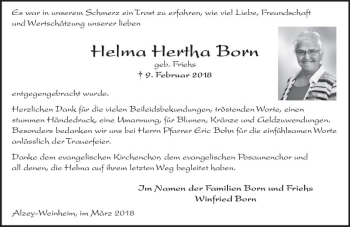 Traueranzeige von Helma Hertha Born von Trauerportal Rhein Main Presse