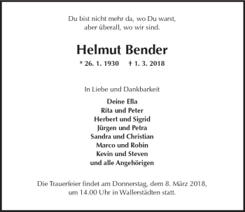 Traueranzeige von Helmut Bender von Trauerportal Rhein Main Presse