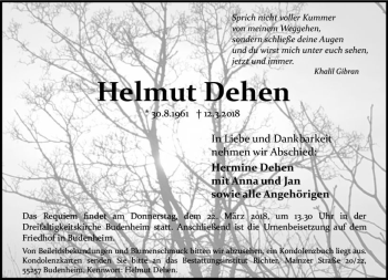 Traueranzeige von Helmut Dehen von Trauerportal Rhein Main Presse