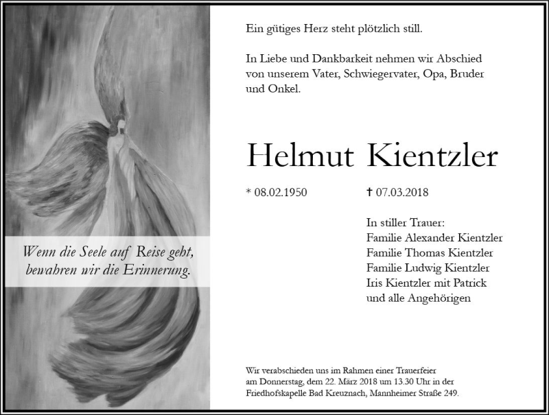  Traueranzeige für Helmut Kientzler vom 20.03.2018 aus Trauerportal Rhein Main Presse