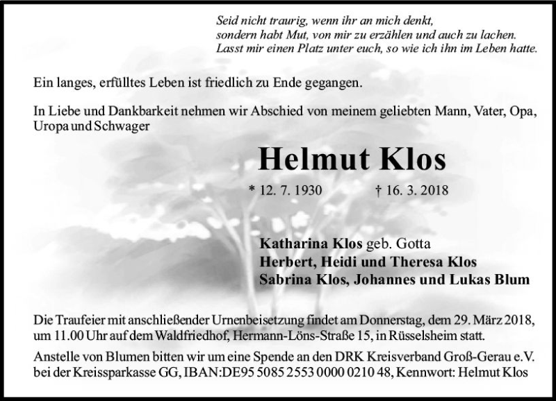  Traueranzeige für Helmut Klos vom 24.03.2018 aus Trauerportal Rhein Main Presse