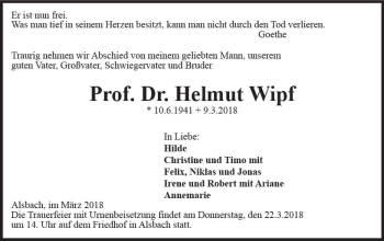 Traueranzeige von Helmut Wipf von Trauerportal Rhein Main Presse