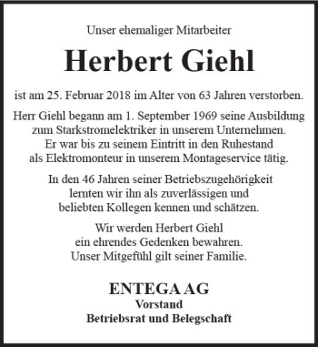 Traueranzeige von Herbert Giehl von Trauerportal Rhein Main Presse