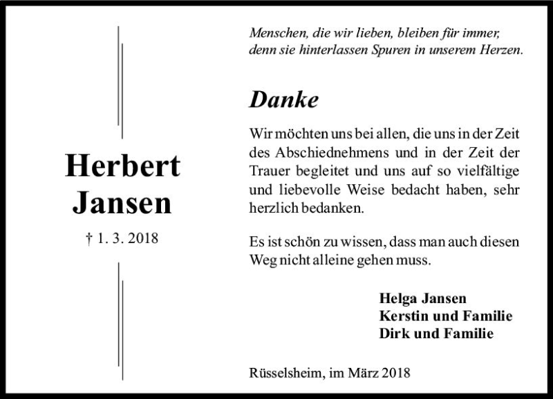  Traueranzeige für Herbert Jansen vom 31.03.2018 aus Trauerportal Rhein Main Presse