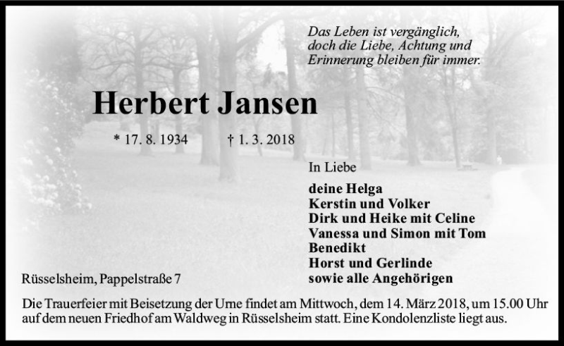 Traueranzeige für Herbert Jansen vom 10.03.2018 aus Trauerportal Rhein Main Presse