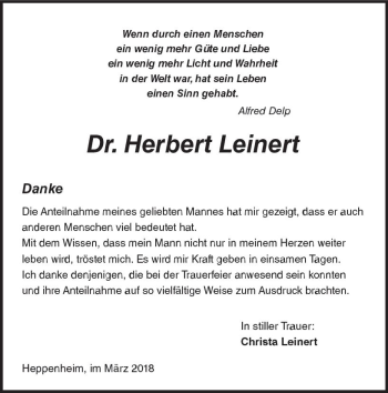 Traueranzeige von Herbert Leinert von Trauerportal Rhein Main Presse