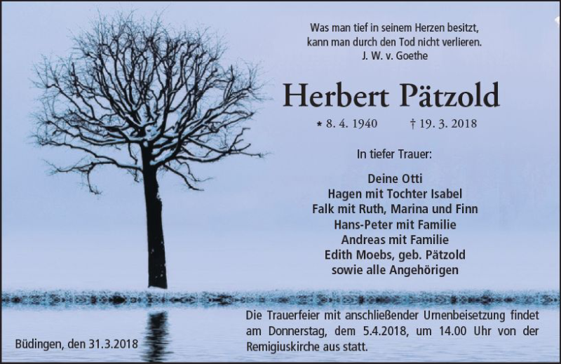  Traueranzeige für Herbert Pätzold vom 31.03.2018 aus  Kreisanzeiger