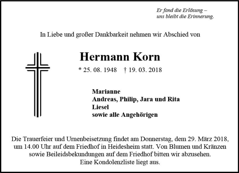  Traueranzeige für Hermann Korn vom 24.03.2018 aus Trauerportal Rhein Main Presse