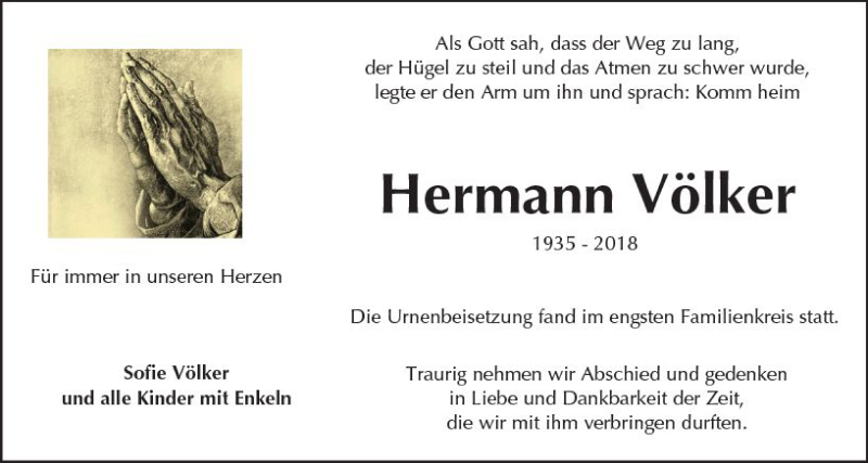  Traueranzeige für Hermann Völker vom 03.03.2018 aus Trauerportal Rhein Main Presse