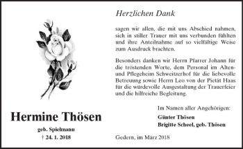 Traueranzeige von Hermine Thösen von  Kreisanzeiger