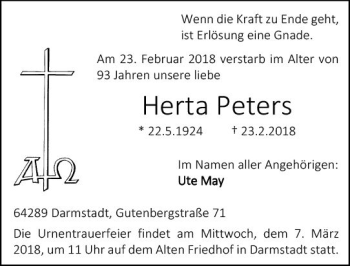 Traueranzeige von Herta Peters von Trauerportal Rhein Main Presse