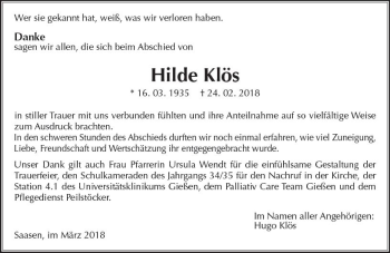 Traueranzeige von Hilde Klös von  Gießener Anzeiger