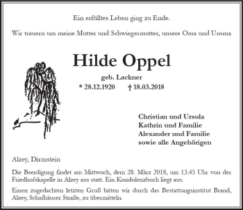 Traueranzeige von Hilde Oppel von Trauerportal Rhein Main Presse