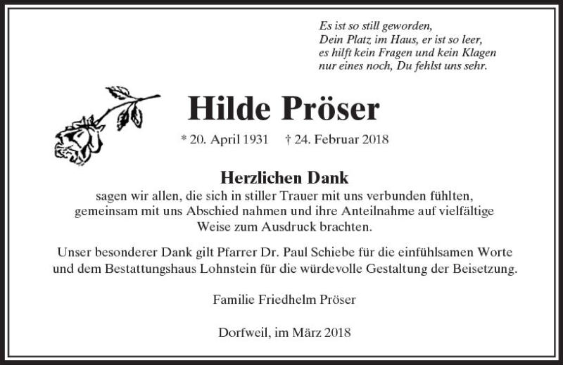 Traueranzeige für Hilde Pröser vom 17.03.2018 aus  Usinger Anzeiger
