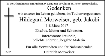 Traueranzeige von Hildegard Morweiser von Trauerportal Rhein Main Presse