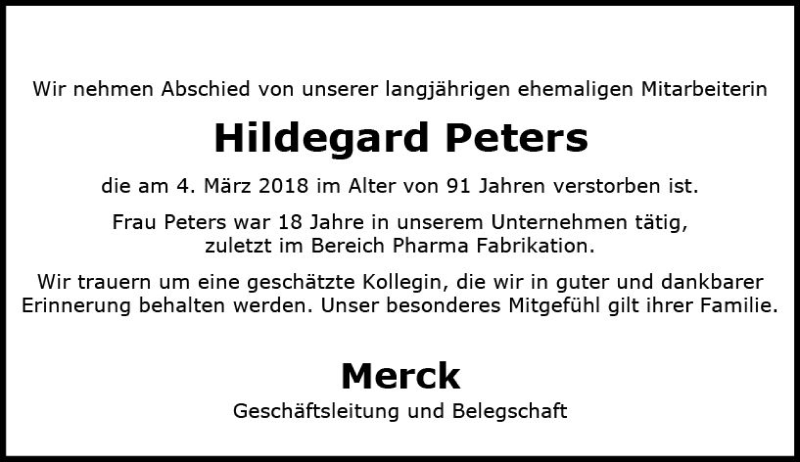  Traueranzeige für Hildegard Peters vom 19.03.2018 aus Trauerportal Rhein Main Presse