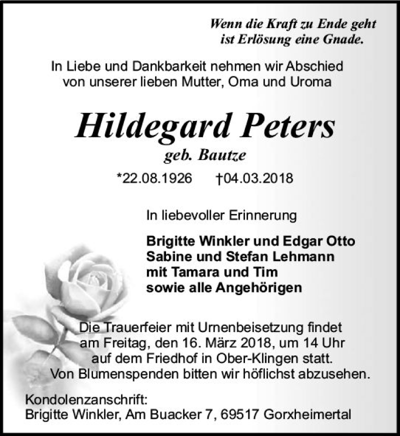  Traueranzeige für Hildegard Peters vom 10.03.2018 aus Trauerportal Rhein Main Presse