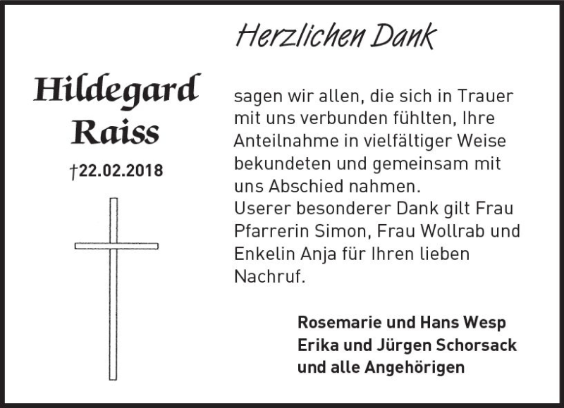  Traueranzeige für Hildegard Raiss vom 19.03.2018 aus Trauerportal Rhein Main Presse