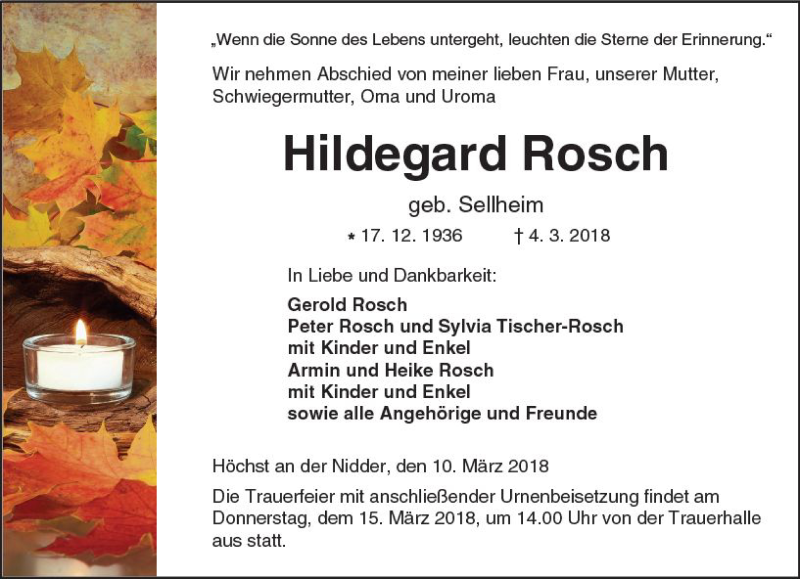  Traueranzeige für Hildegard Rosch vom 10.03.2018 aus  Kreisanzeiger