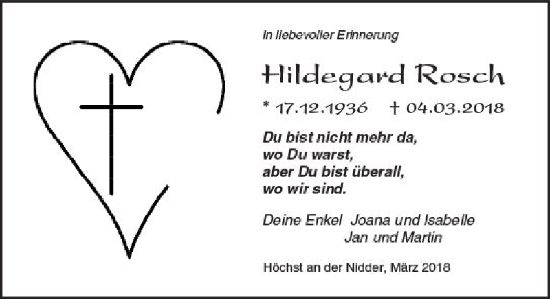 Traueranzeige für Hildegard Rosch vom 24.03.2018 aus  Kreisanzeiger