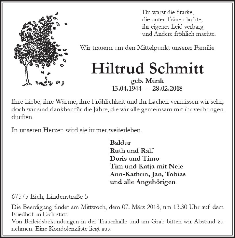  Traueranzeige für Hiltrud Schmitt vom 03.03.2018 aus Trauerportal Rhein Main Presse