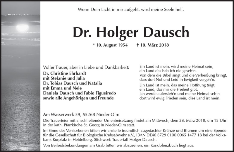  Traueranzeige für Holger Dausch vom 24.03.2018 aus Trauerportal Rhein Main Presse