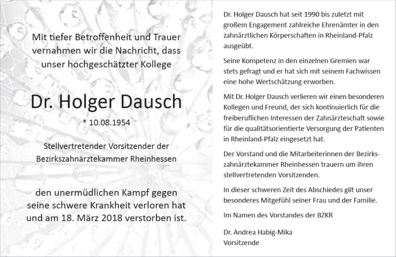  Traueranzeige für Holger Dausch vom 24.03.2018 aus Trauerportal Rhein Main Presse