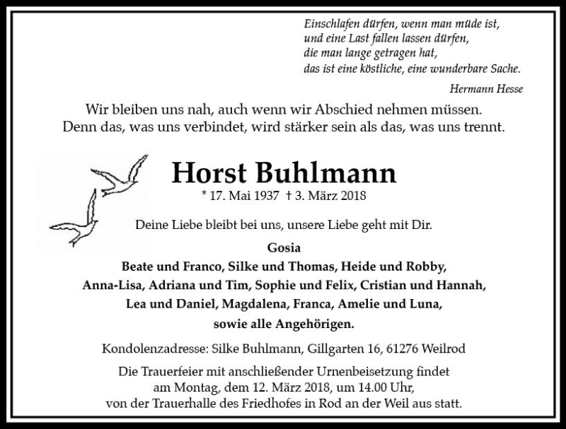  Traueranzeige für Horst Buhlmann vom 08.03.2018 aus  Usinger Anzeiger