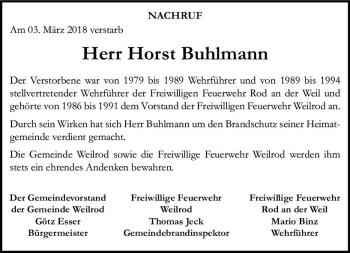 Traueranzeige von Horst Buhlmann von  Usinger Anzeiger