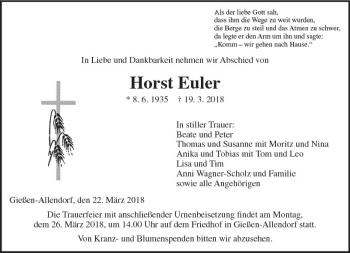 Traueranzeige von Horst Euler von  Gießener Anzeiger