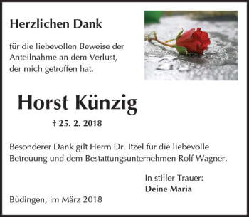 Traueranzeige von Horst Künzig von  Kreisanzeiger