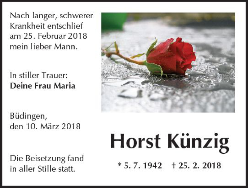  Traueranzeige für Horst Künzig vom 10.03.2018 aus  Kreisanzeiger