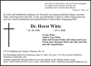 Traueranzeige von Horst Witte von Trauerportal Rhein Main Presse