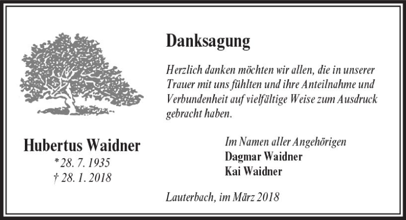  Traueranzeige für Hubertus Waidner vom 10.03.2018 aus VRM Trauer