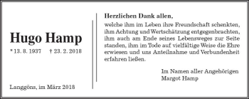Traueranzeige von Hugo Hamp von  Gießener Anzeiger