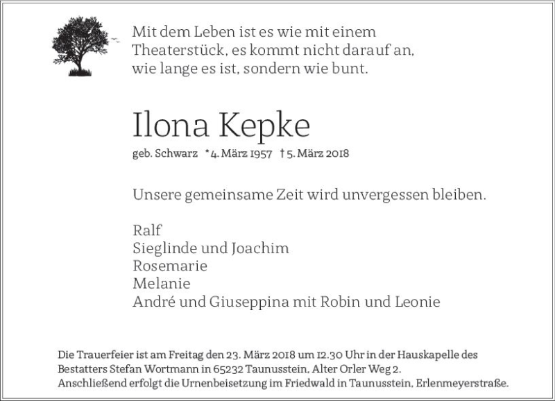  Traueranzeige für Ilona Kepke vom 17.03.2018 aus Trauerportal Rhein Main Presse