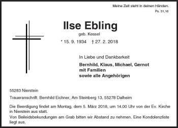 Traueranzeige von Ilse Ebling von Trauerportal Rhein Main Presse
