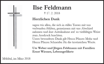 Traueranzeige von Ilse Feldmann von Trauerportal Rhein Main Presse