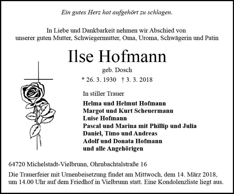  Traueranzeige für Ilse Hofmann vom 10.03.2018 aus Trauerportal Rhein Main Presse
