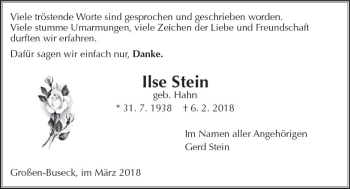 Traueranzeige von Ilse Stein von  Gießener Anzeiger
