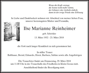 Traueranzeige von Ilse Marianne Reinheimer von Trauerportal Rhein Main Presse